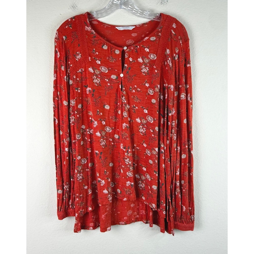 Lucky Brand Top Womens S Red Floral Long Sleeve Lace Trim Slub Knit Henley